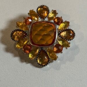 Vintage Amber Rhinestone Floral Brooch Pin Silver Tone Costume Jewelry